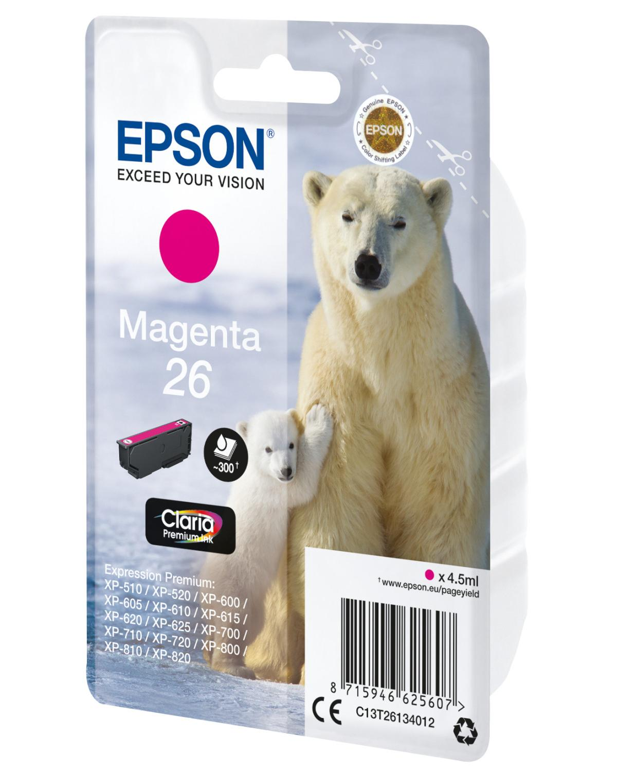 Cartuccia d'inchiostro Epson Magenta 26 con design orso polare, Claria Premium Ink, 4,5 ml.