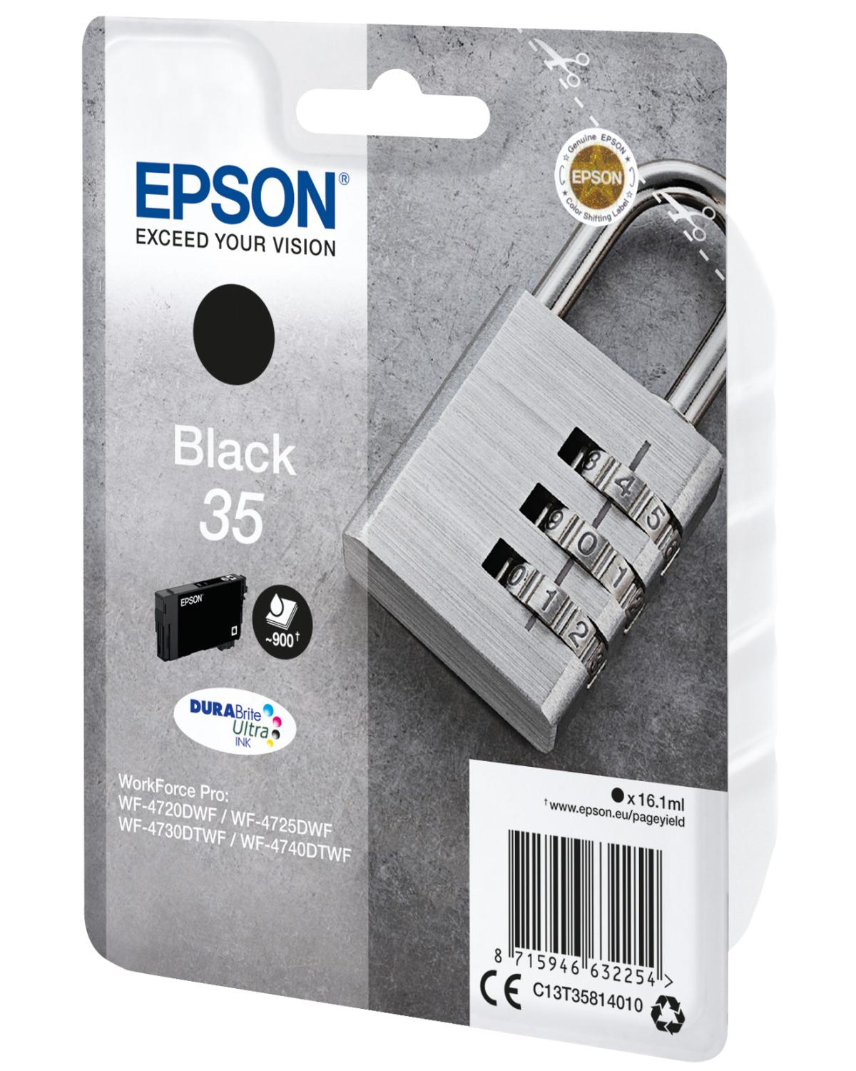 Cartouche d'encre Epson 35 Noir avec étiquette cadenas à combinaison argenté.