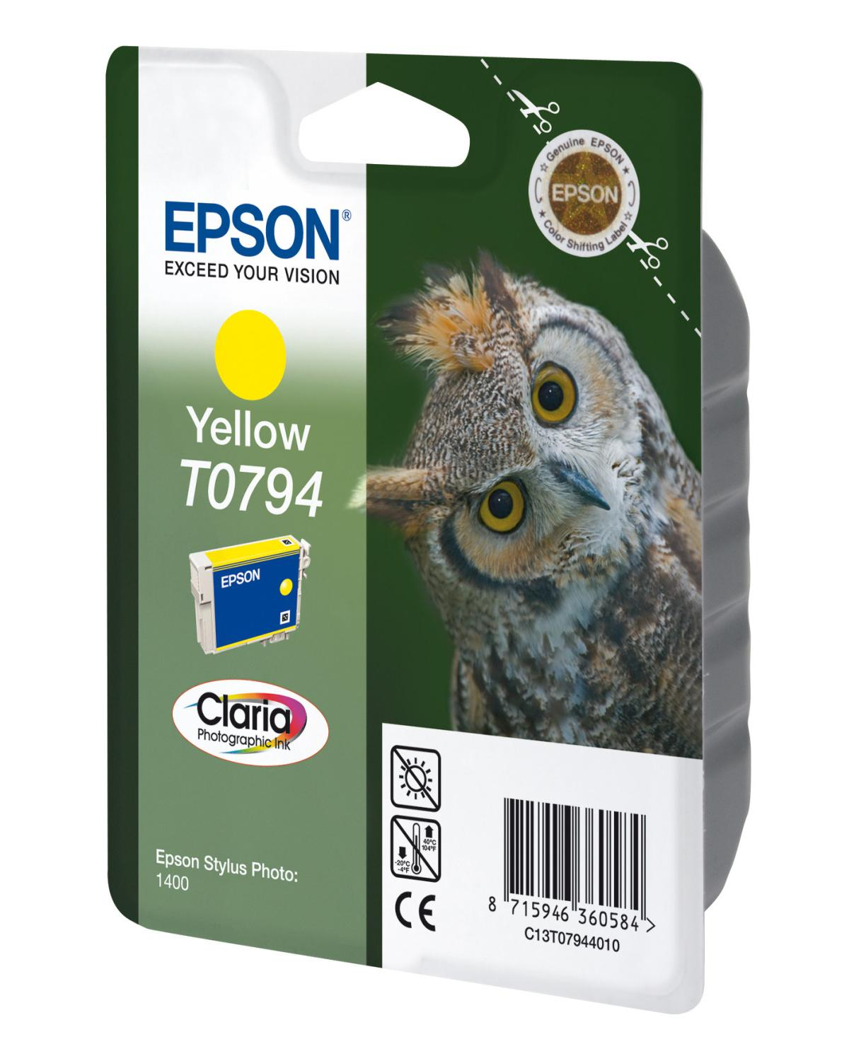 Epson T0794 gelbe Tinte mit Eule auf Verpackung, für Stylus Photo 1400.