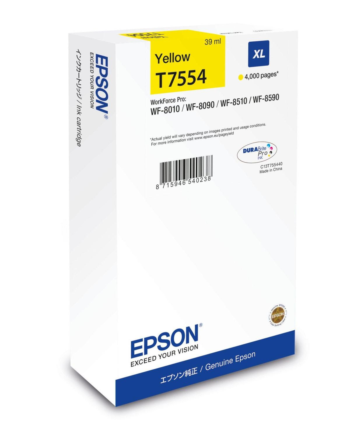 Żółty tusz Epson T7554 XL, 39 ml, do drukarek WorkForce Pro.