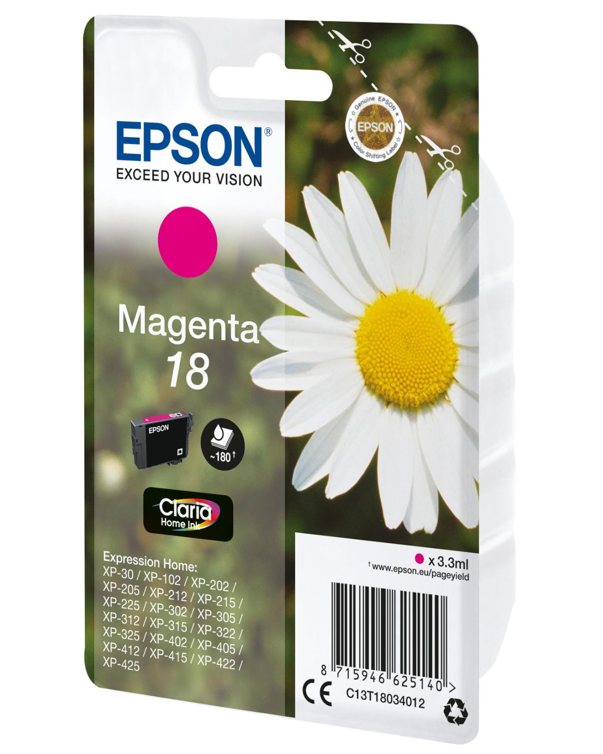 Cartuccia d'inchiostro Epson Magenta 18 con motivo a margherita. Contiene Claria Home Ink.