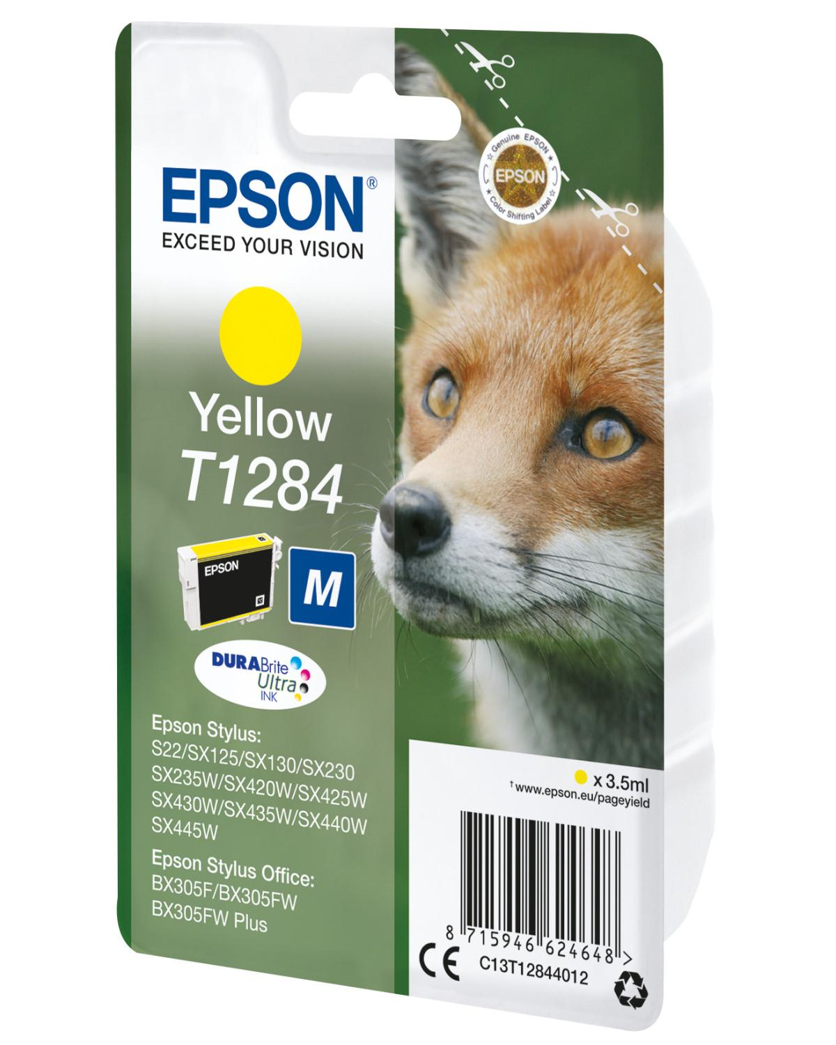 Epson gele T1284 inktcartridge verpakking met vos afbeelding.
