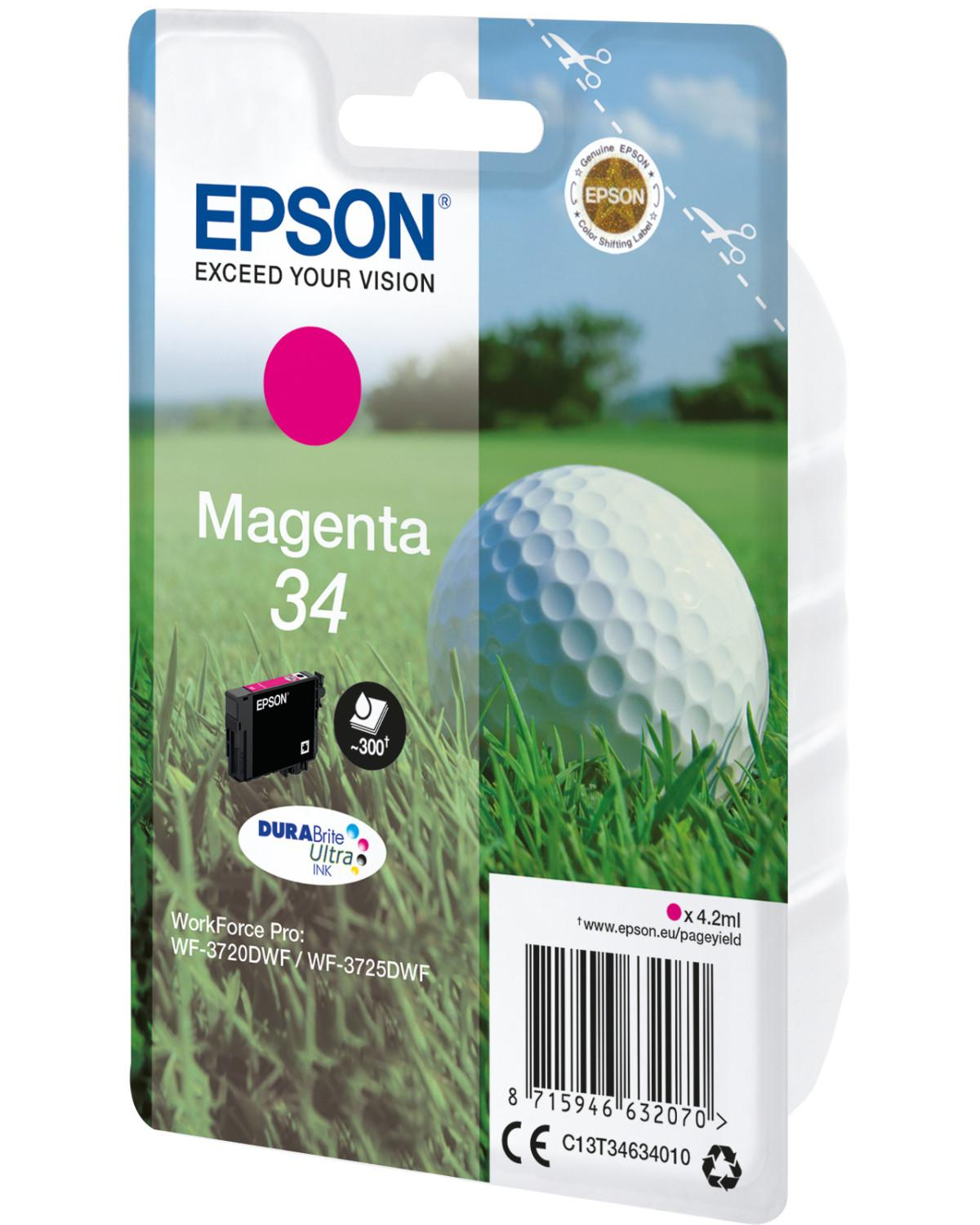 Epson Magenta 34 inktcartridge met golfbal en gras. Voor WorkForce Pro printers.