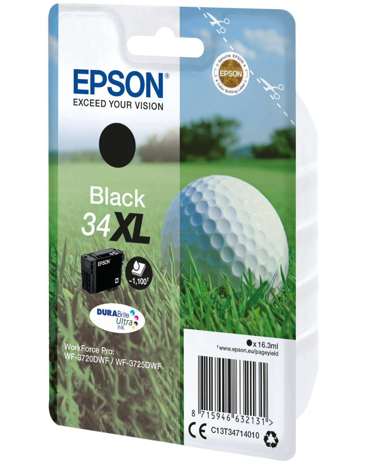 Epson Zwart 34XL inkt op verpakking met golfbal en gras.