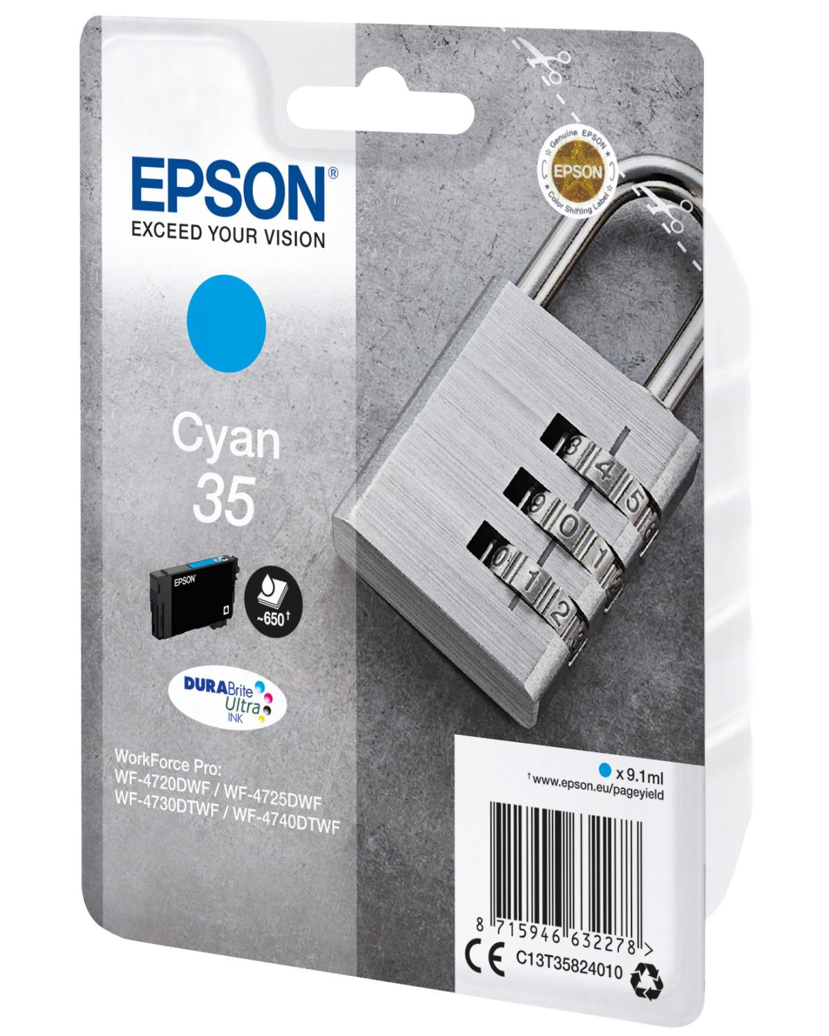Cartuccia d'inchiostro Epson Cyan 35 con lucchetto a combinazione argentato su sfondo grigio.