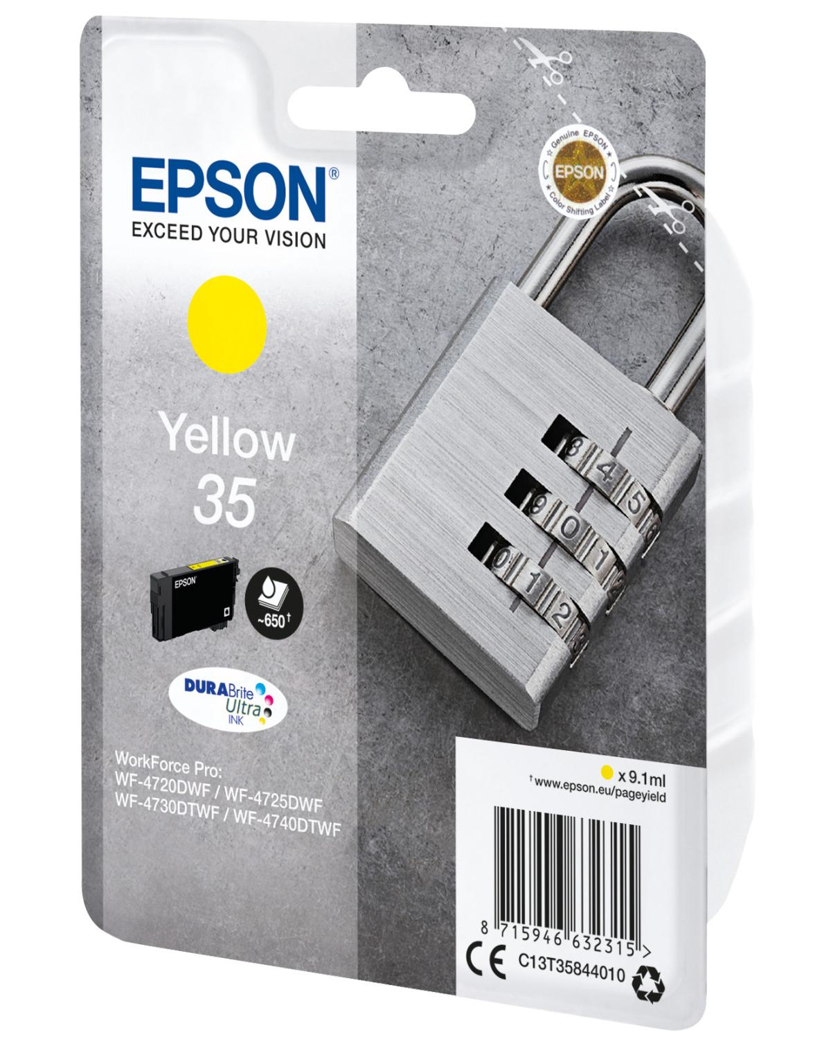Cartucho de tinta Epson amarillo 35 con detalle de candado plateado.