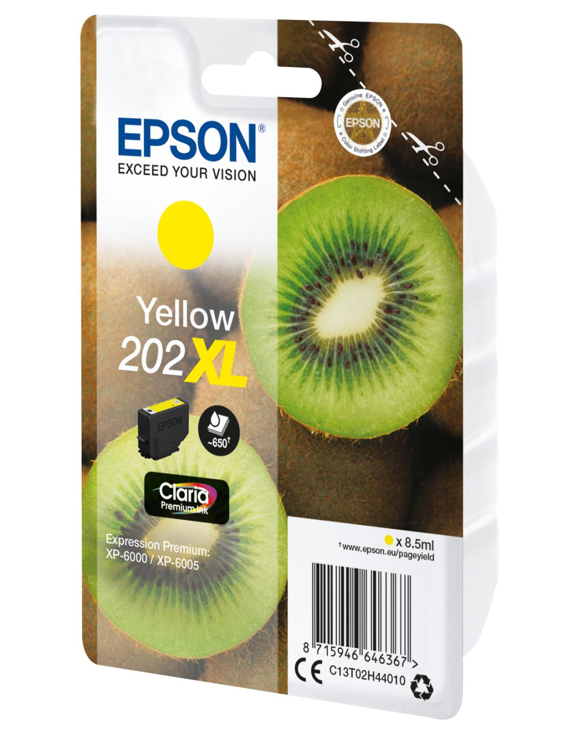 Cartuccia d'inchiostro Epson gialla 202XL con immagine di kiwi e dettagli.