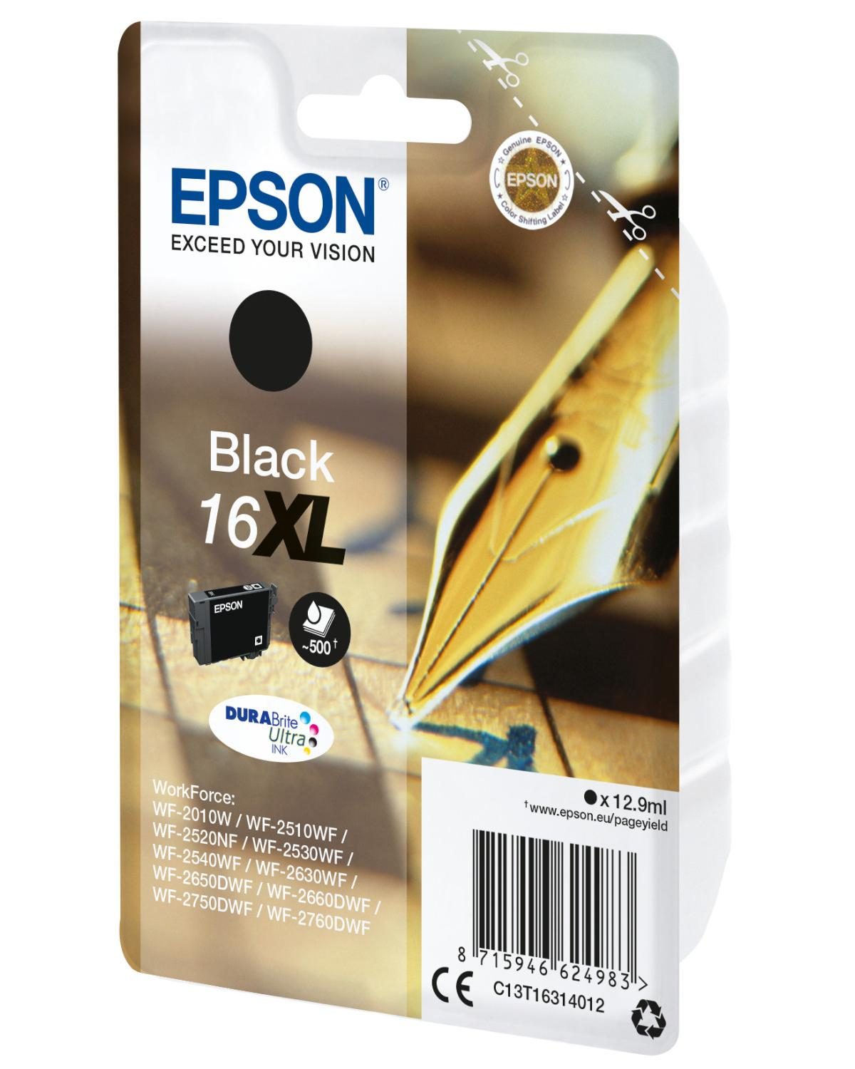 Epson Black 16XL Tintenpatrone mit Aufdruck 'WorkForce' und Barcode auf der Verpackung.