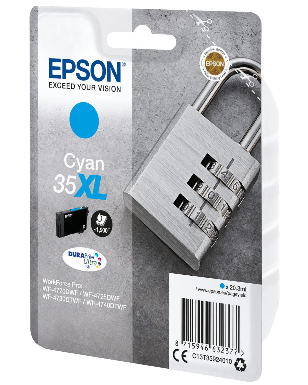 Cartucho de tinta Epson Cyan 35XL con candado plateado y combinación.