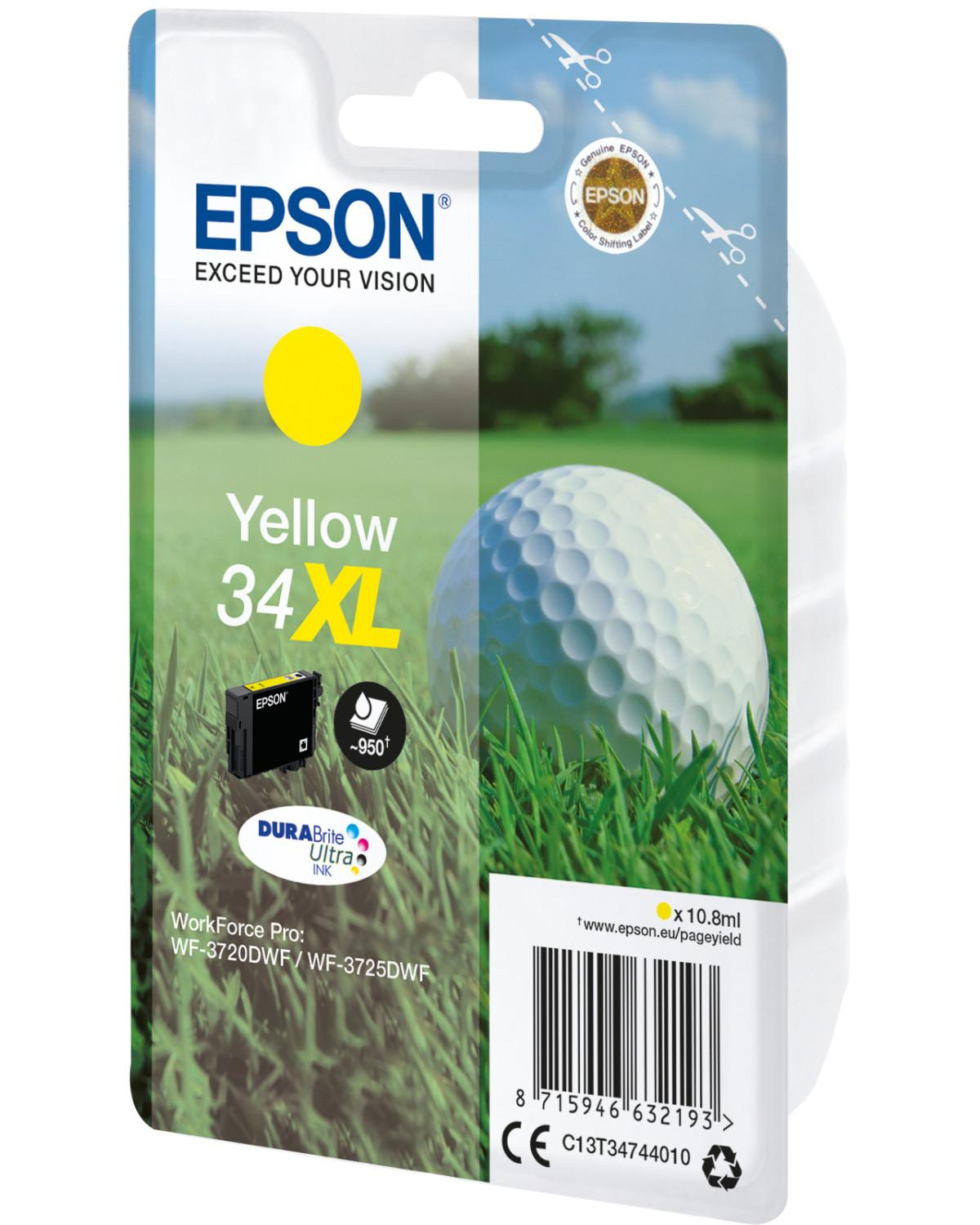Epson 34XL gele inkt met golfbal en gras op verpakking.