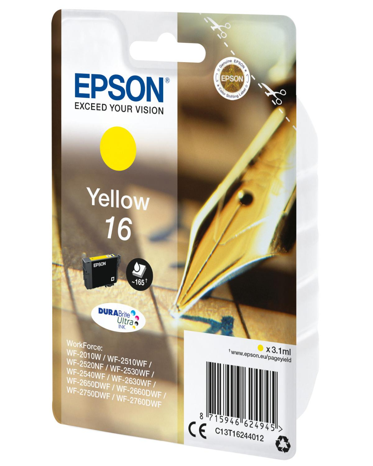 Cartuccia inchiostro Epson giallo 16, con logo, icona tonda e testo.