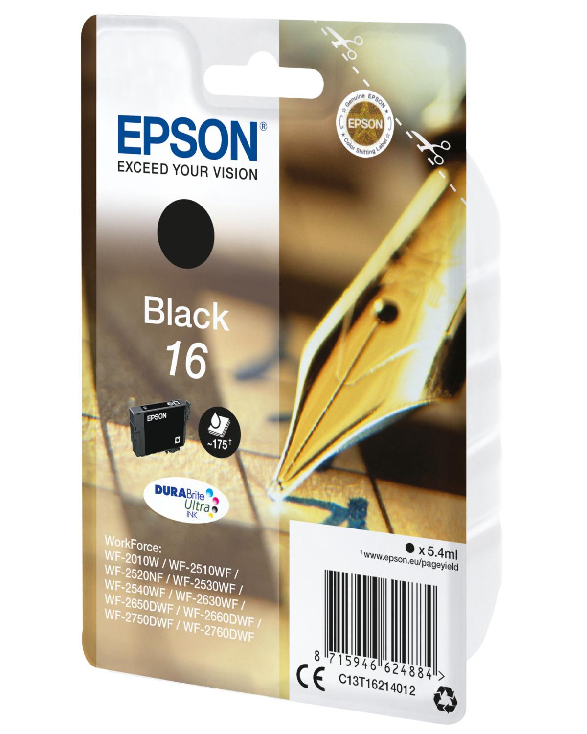 Epson Tintenpatrone, schwarz 16, mit goldenem Füllfederhalter im Hintergrund.