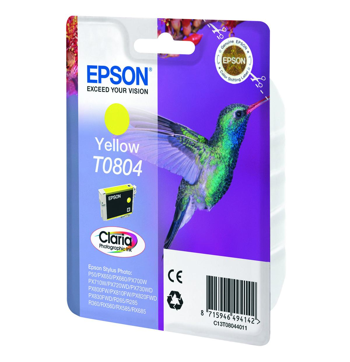 Cartouche d'encre jaune Epson T0804 avec motif colibri et code-barres.