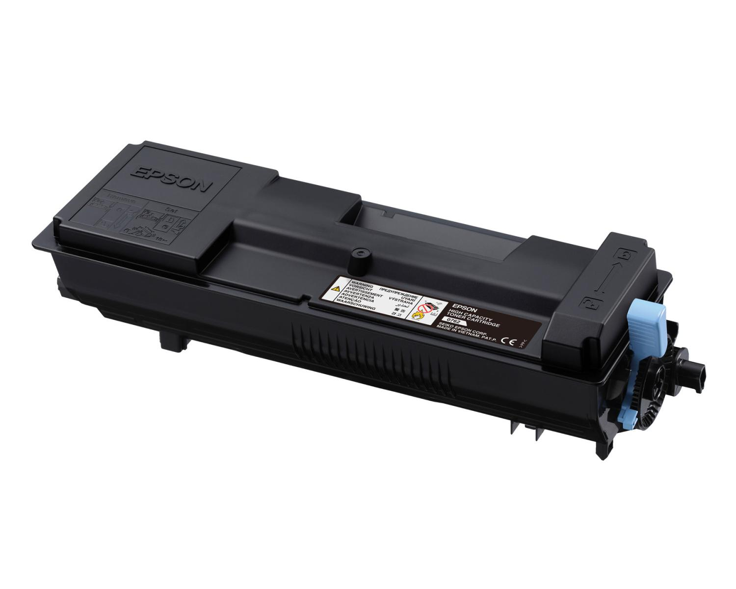 Cartucho de tóner Epson negro con palanca azul, sobre fondo blanco.
