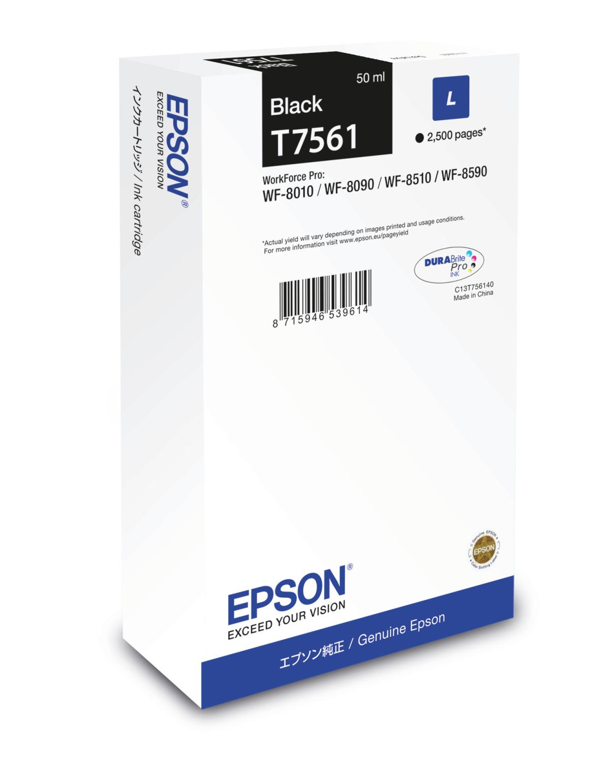 Cartucho de tinta Epson T7561 negro para impresoras WorkForce Pro. 50 ml.