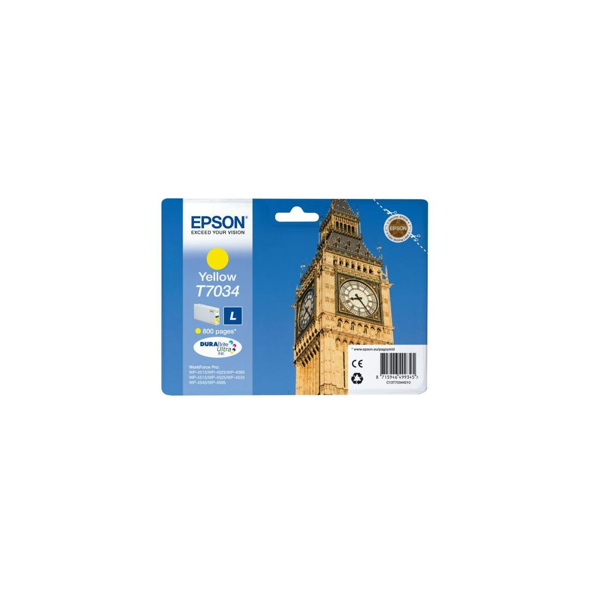Epson T7034 gelbe Tintenpatrone mit Big Ben im Hintergrund.