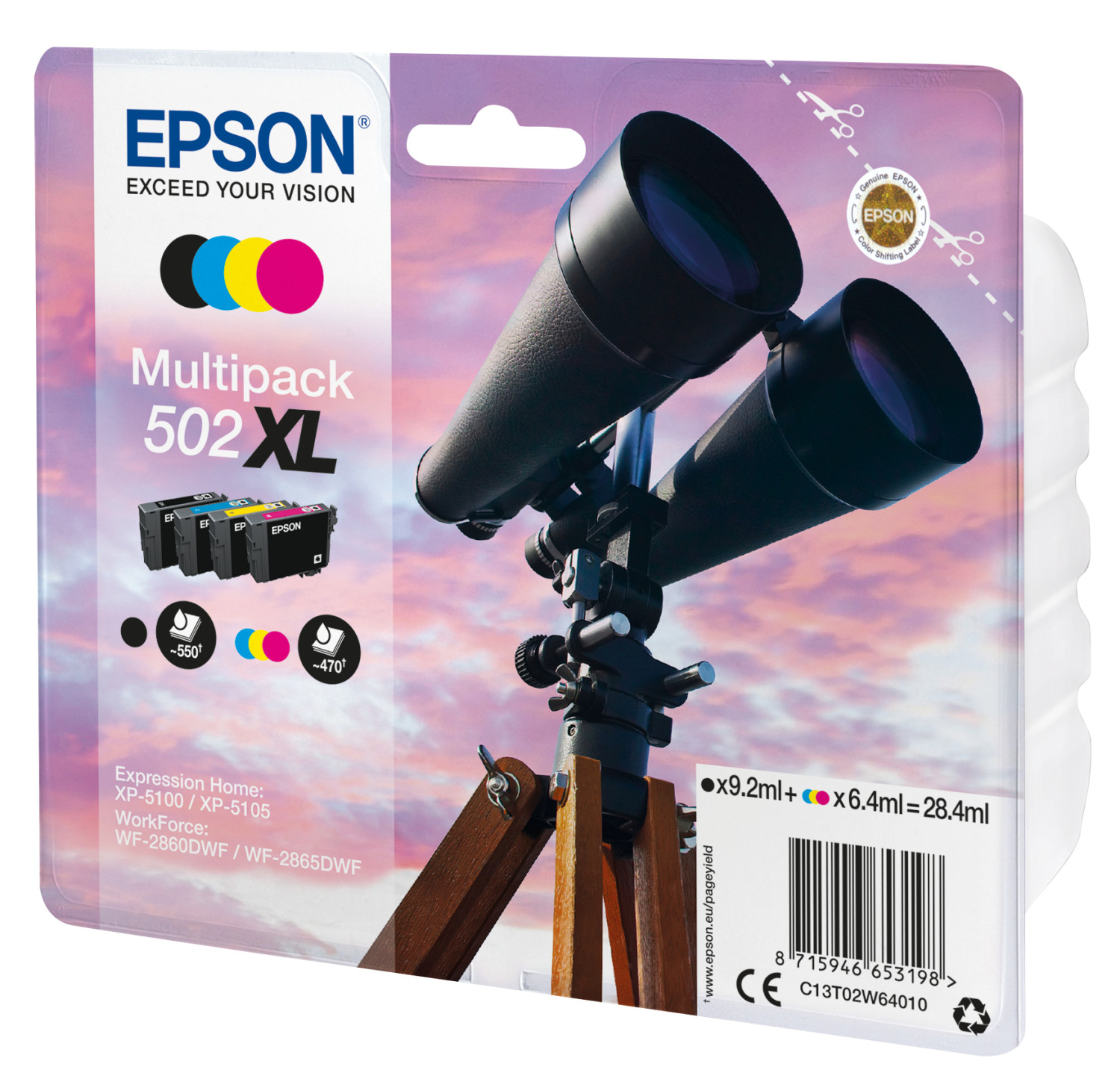 Epson 502XL multipack ink cartridges with telescope in background.