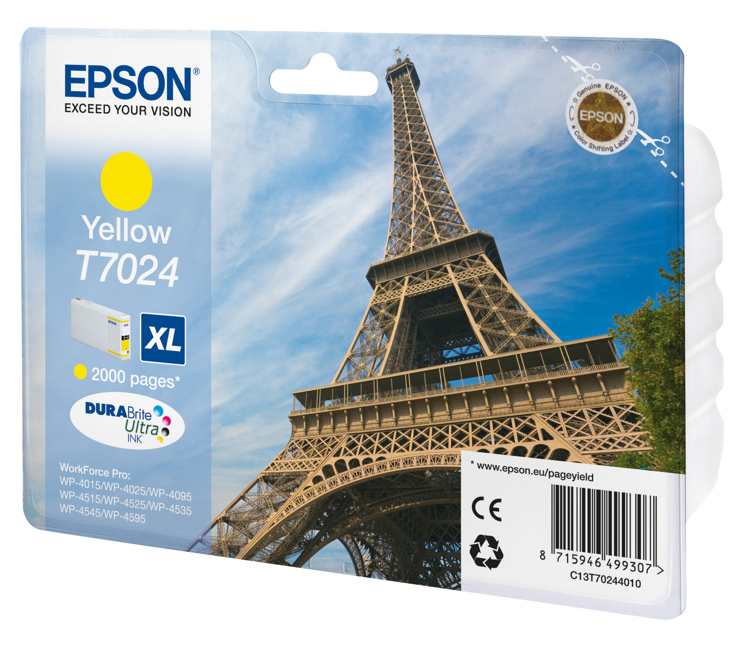 Epson T7024 gele XL inktcartridge met Eiffeltoren achtergrond.