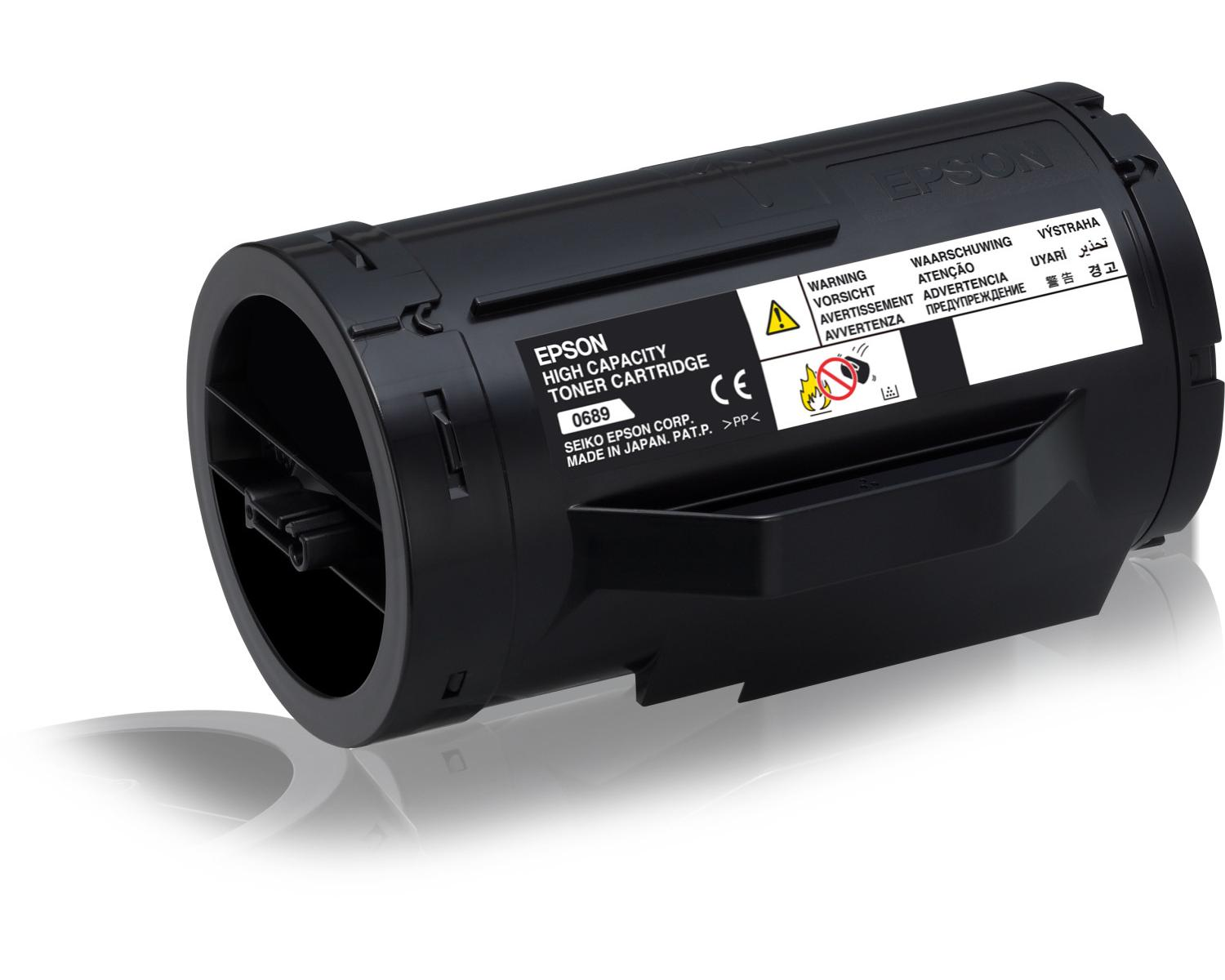Cartuccia toner nera Epson ad alta capacità con etichette di avvertenza.