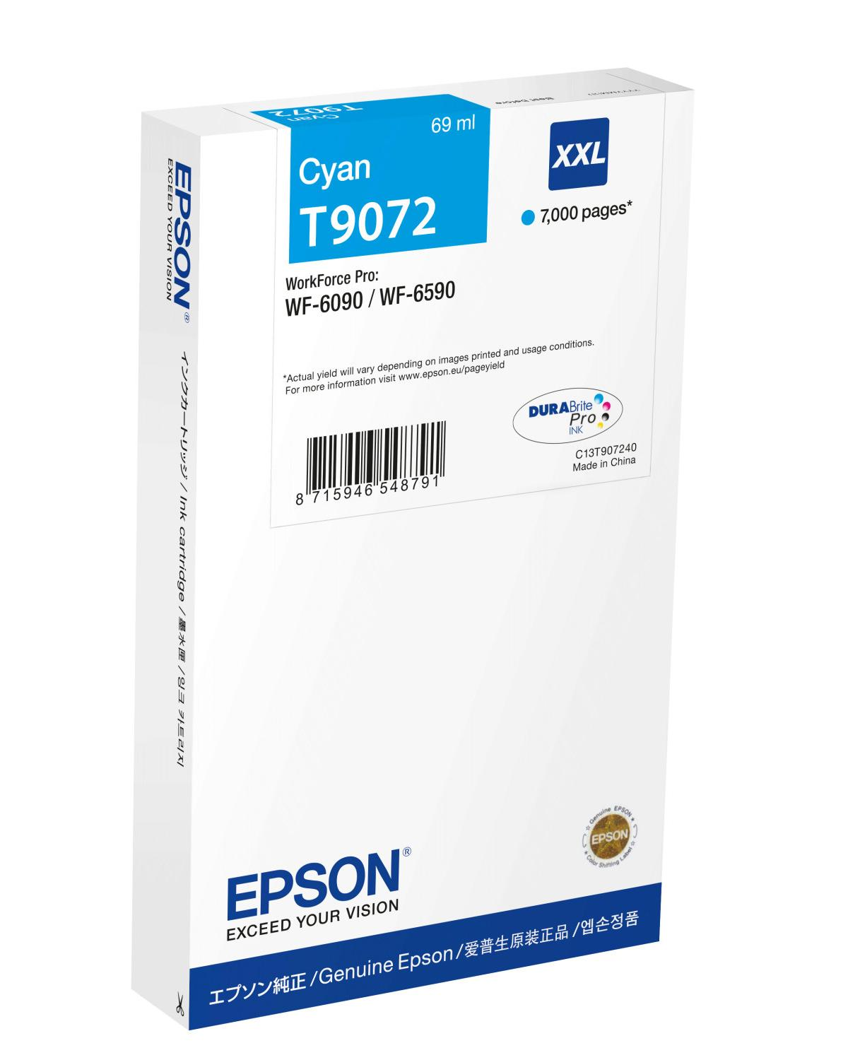Cartucho de tinta Epson Cyan T9072 XXL para impresoras WorkForce Pro, 69 ml.