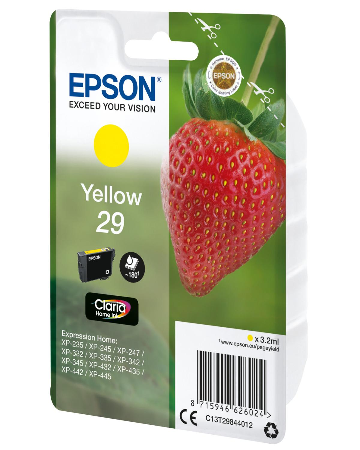 Epson inktcartridge verpakking met aardbeienafbeelding. Geel 29 inkt.