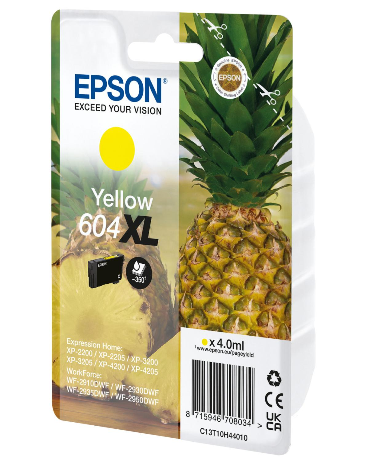Żółty tusz Epson 604XL z grafiką ananasa i informacjami o drukarce.