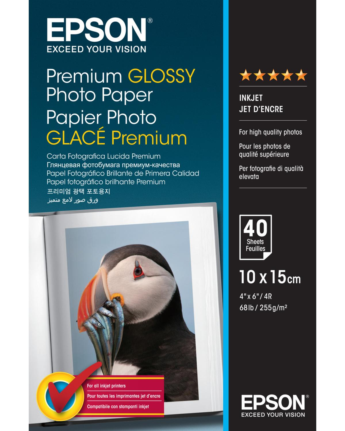 Epson Premium Glossy Fotopapier Packung mit einem Papageitaucher-Foto.