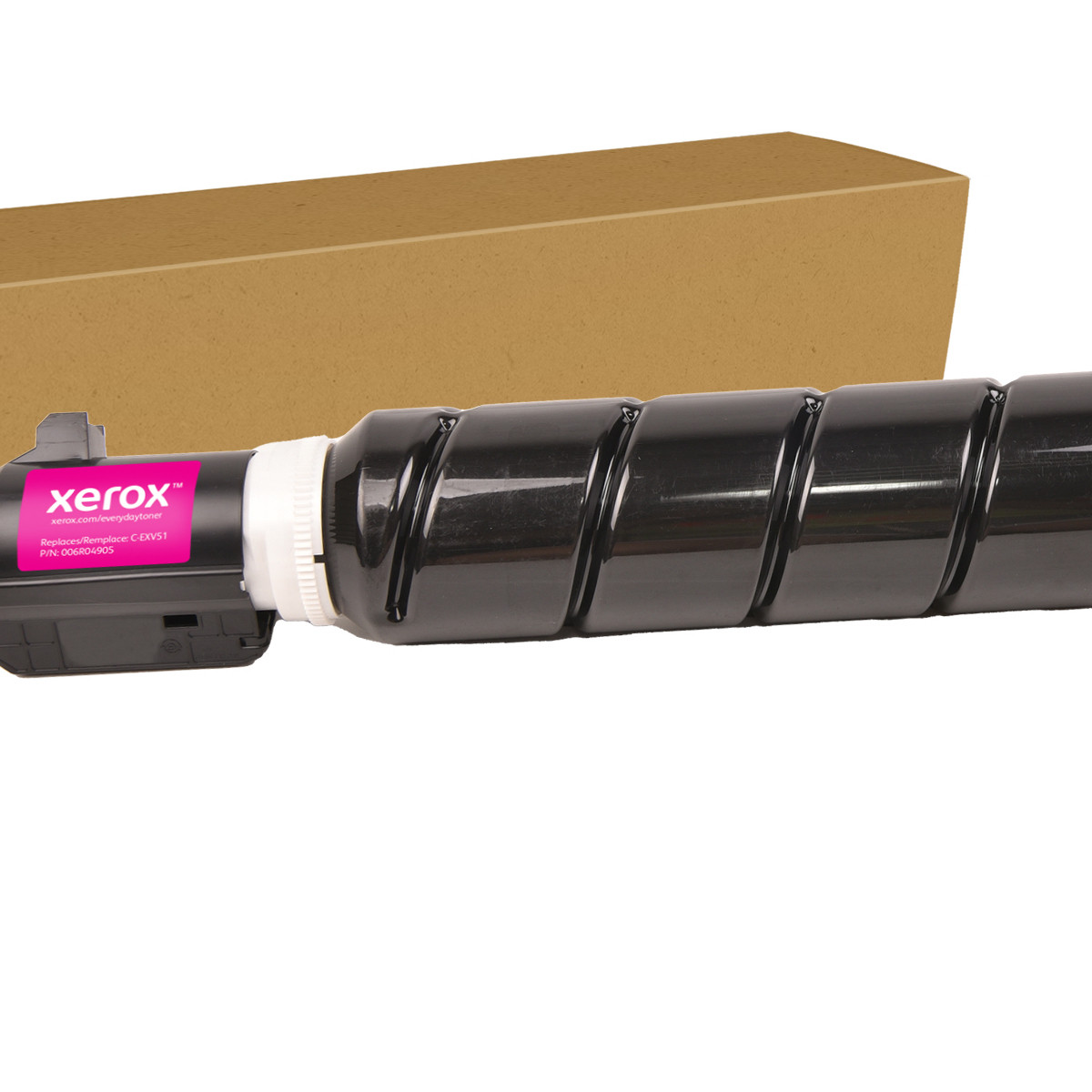 Zwarte Xerox toner cartridge met roze label, op witte achtergrond.