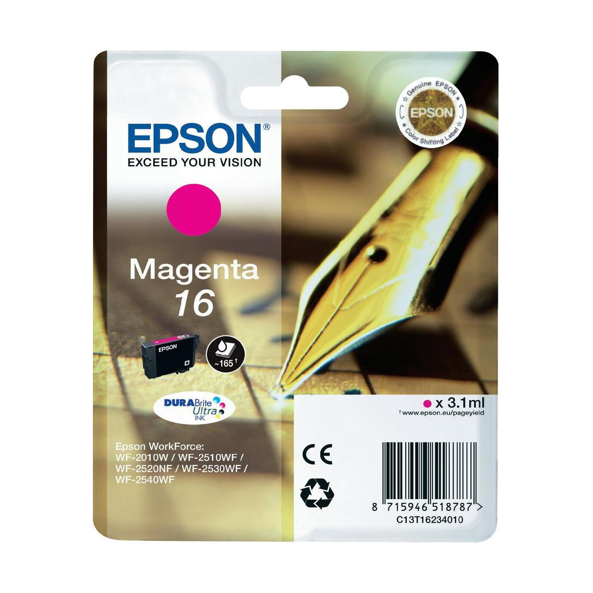 Inchiostro Epson Magenta 16 con dettaglio di penna stilografica. Include marchio CE e codice a barre.