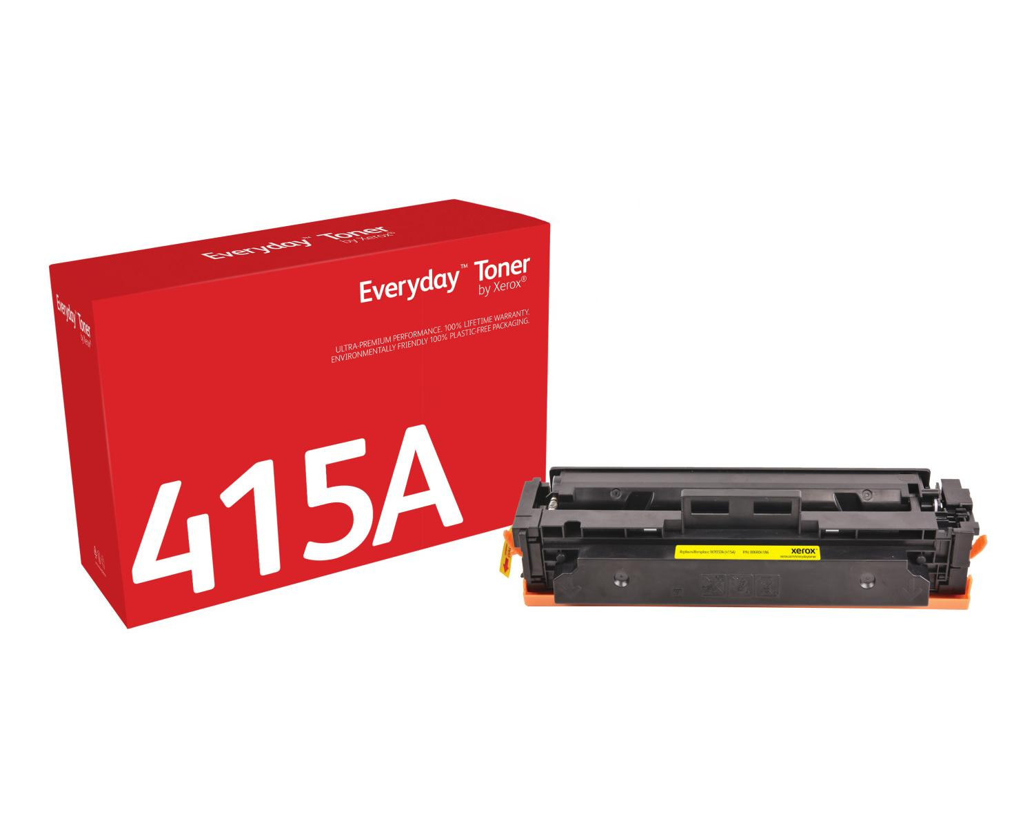 Czerwone pudełko z napisem "Everyday Toner 415A" i żółtym tonerem Xerox.