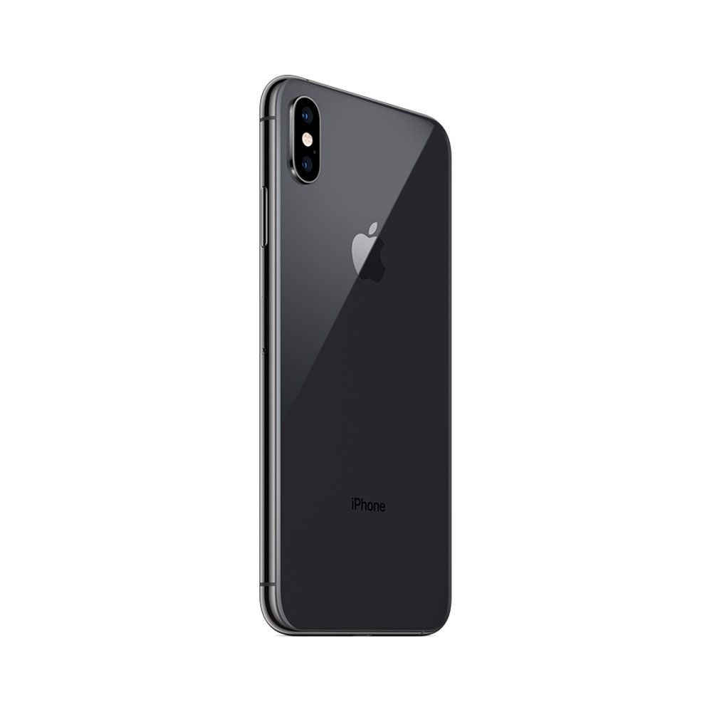 Ciemnoszare iPhone z podwójnym aparatem, logo Apple i napisem "iPhone".