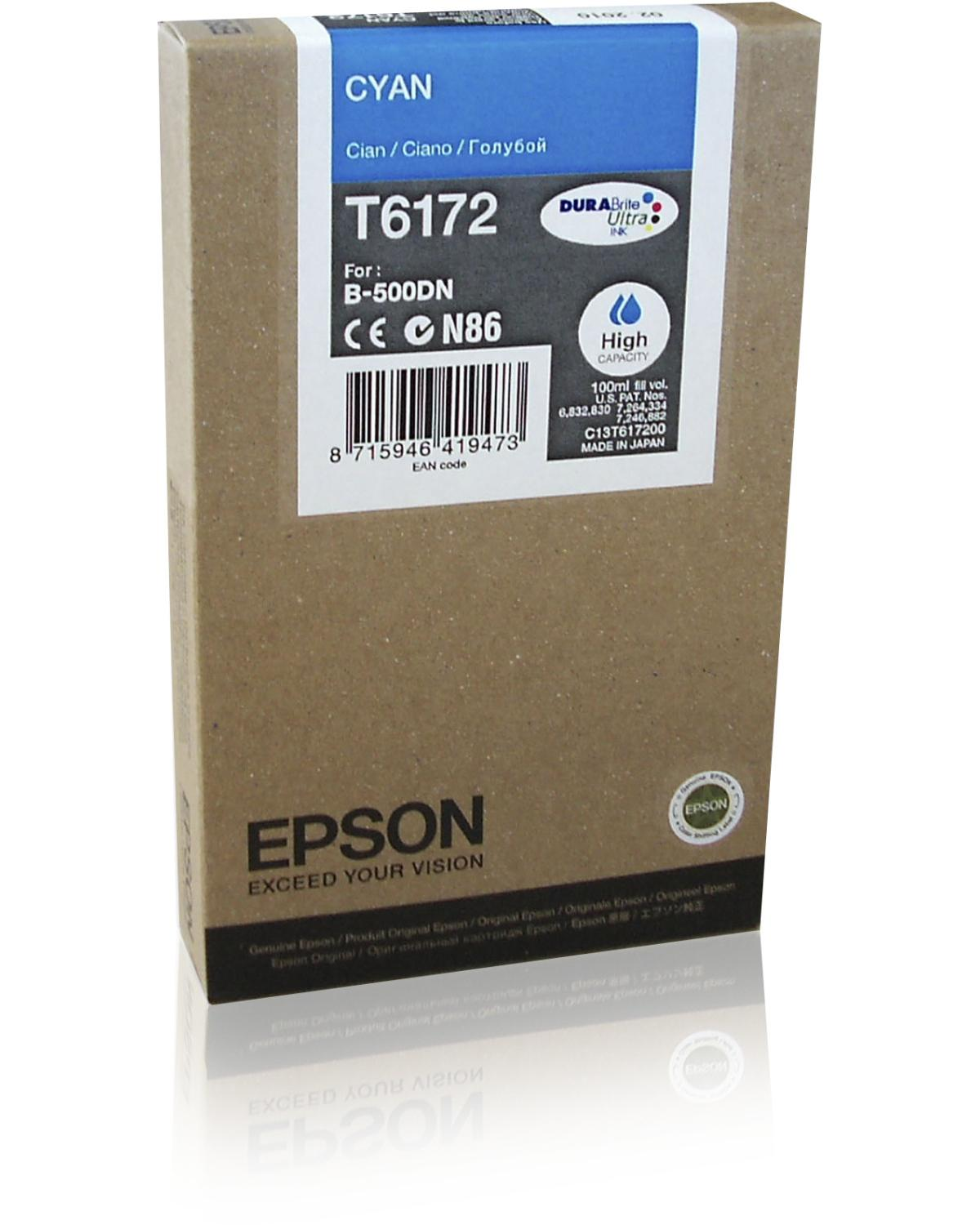 Scatola inchiostro Epson T6172 Ciano, modello B-500DN, Made in Japan.