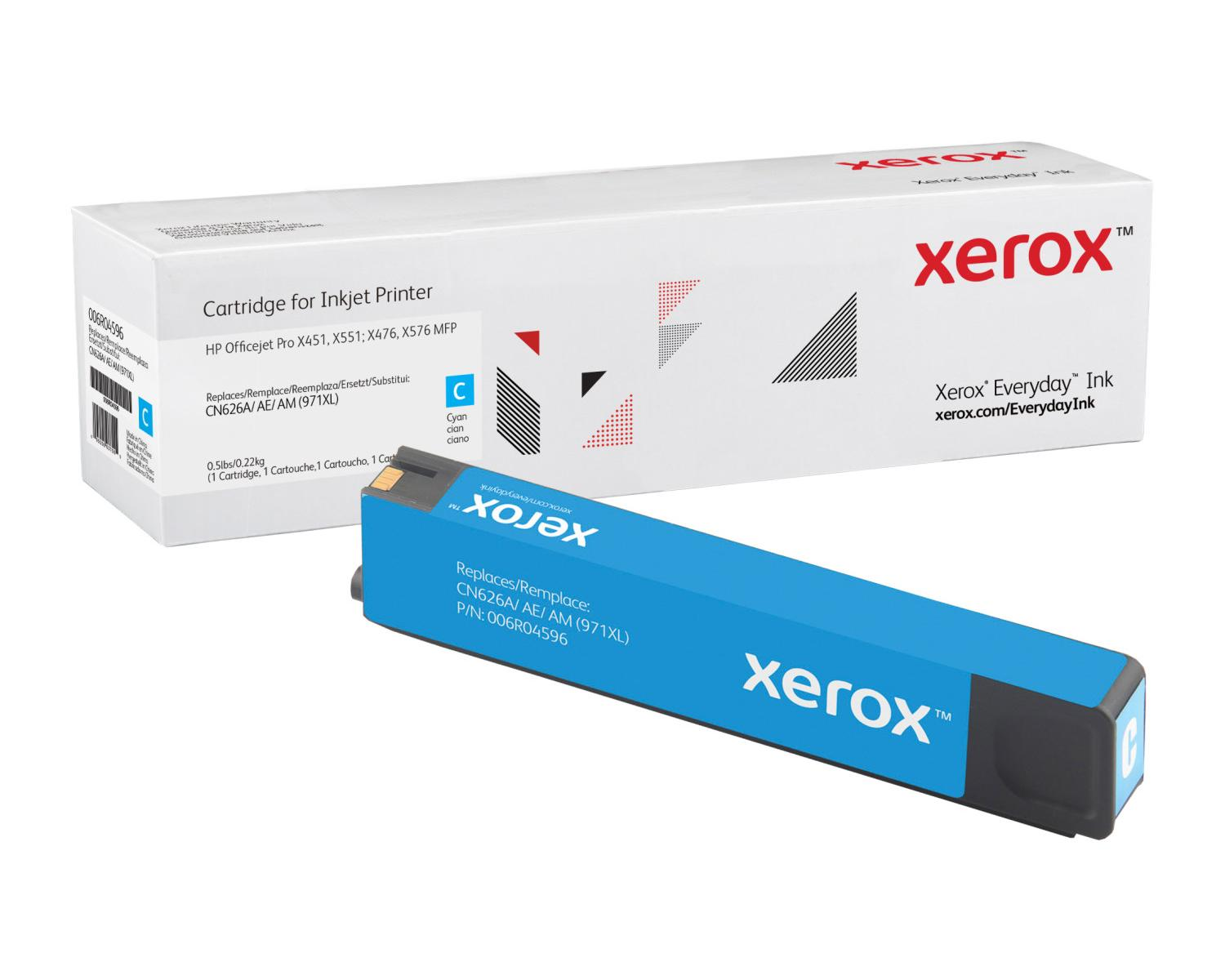 Cartuccia d'inchiostro Xerox ciano e scatola per stampanti HP Officejet Pro.