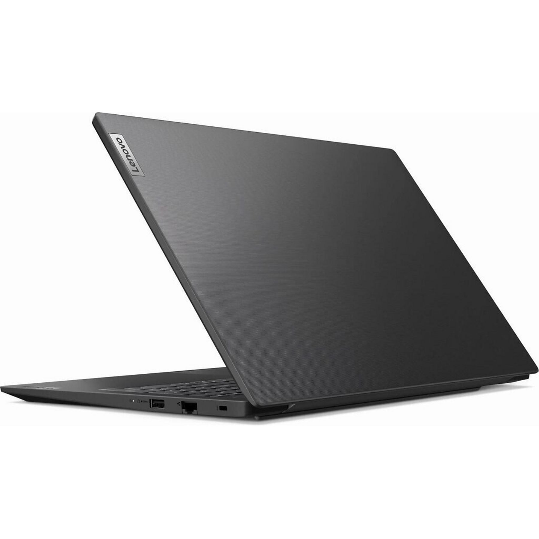 Geschlossener schwarzer Lenovo Laptop mit gerippter Oberseite, auf weißem Hintergrund.