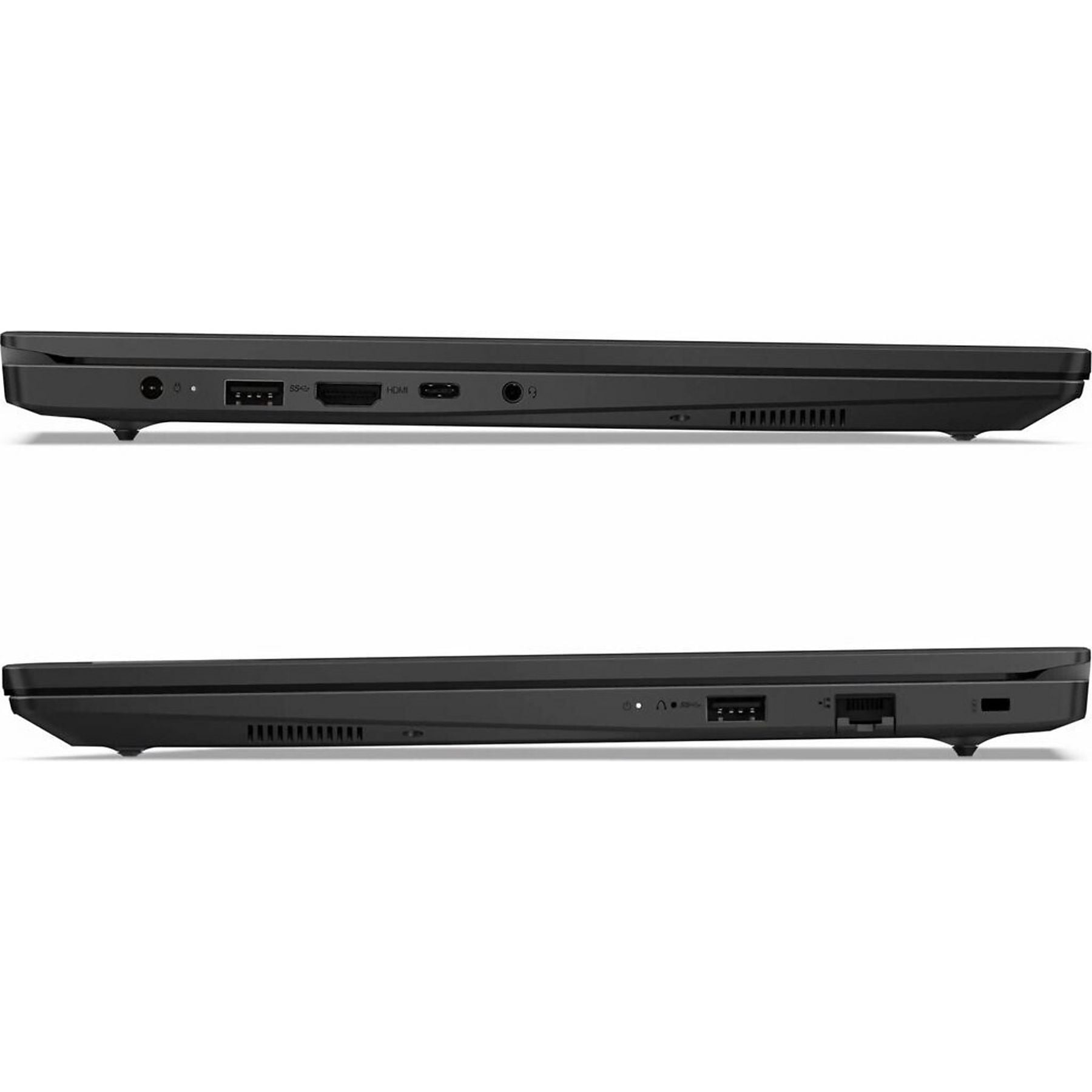 Seitenansicht eines schwarzen Laptops mit Anschlüssen: USB, HDMI, Audiobuchse.