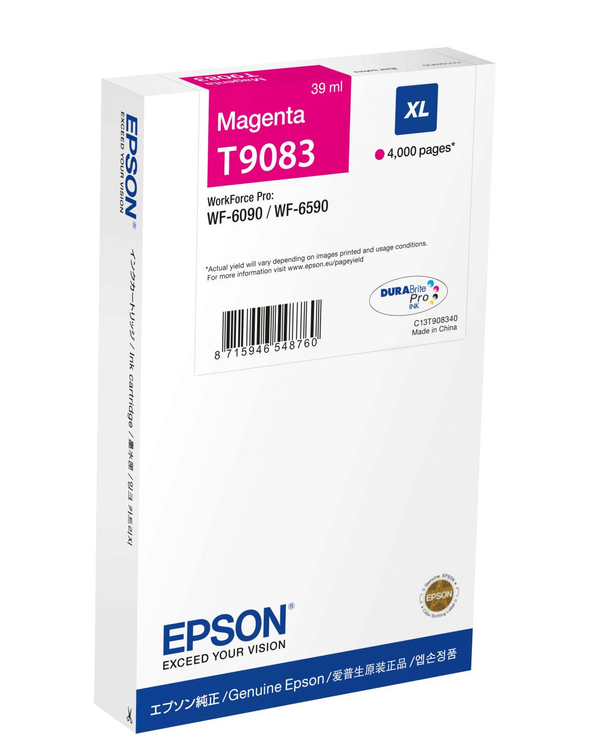 Epson T9083 Magenta XL inktcartridge voor WorkForce Pro printers. 39 ml.
