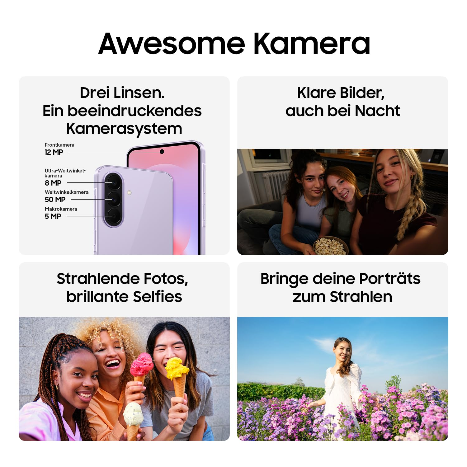 Vier Bereiche zeigen ein Smartphone, seine Kameras, Selfies und Porträts.