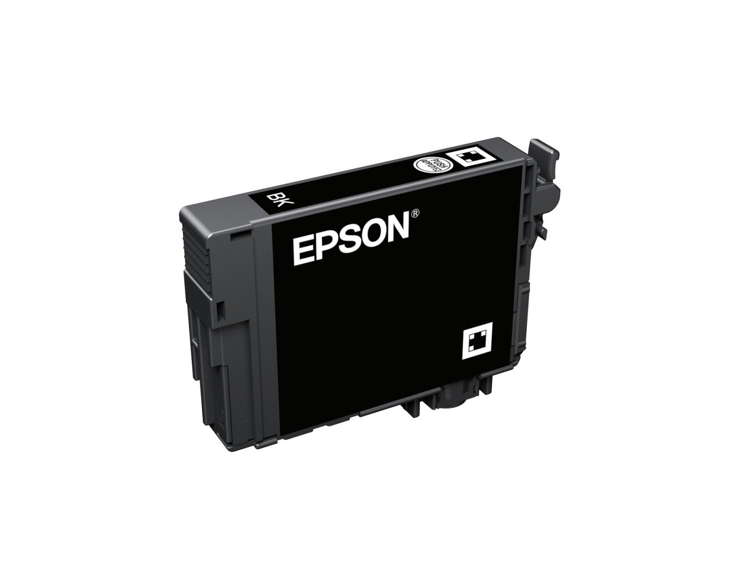 Cartuccia d'inchiostro nera Epson con adesivo "BK" e "PUSH".