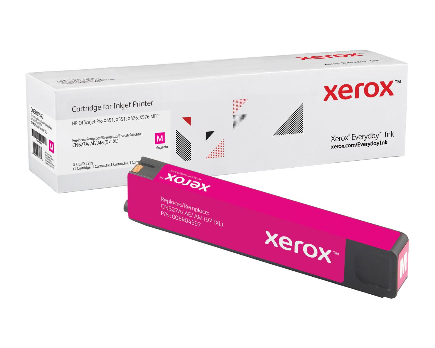 Een magenta Xerox inktcartridge en de doos. De doos is wit met magenta en zwarte grafische elementen.