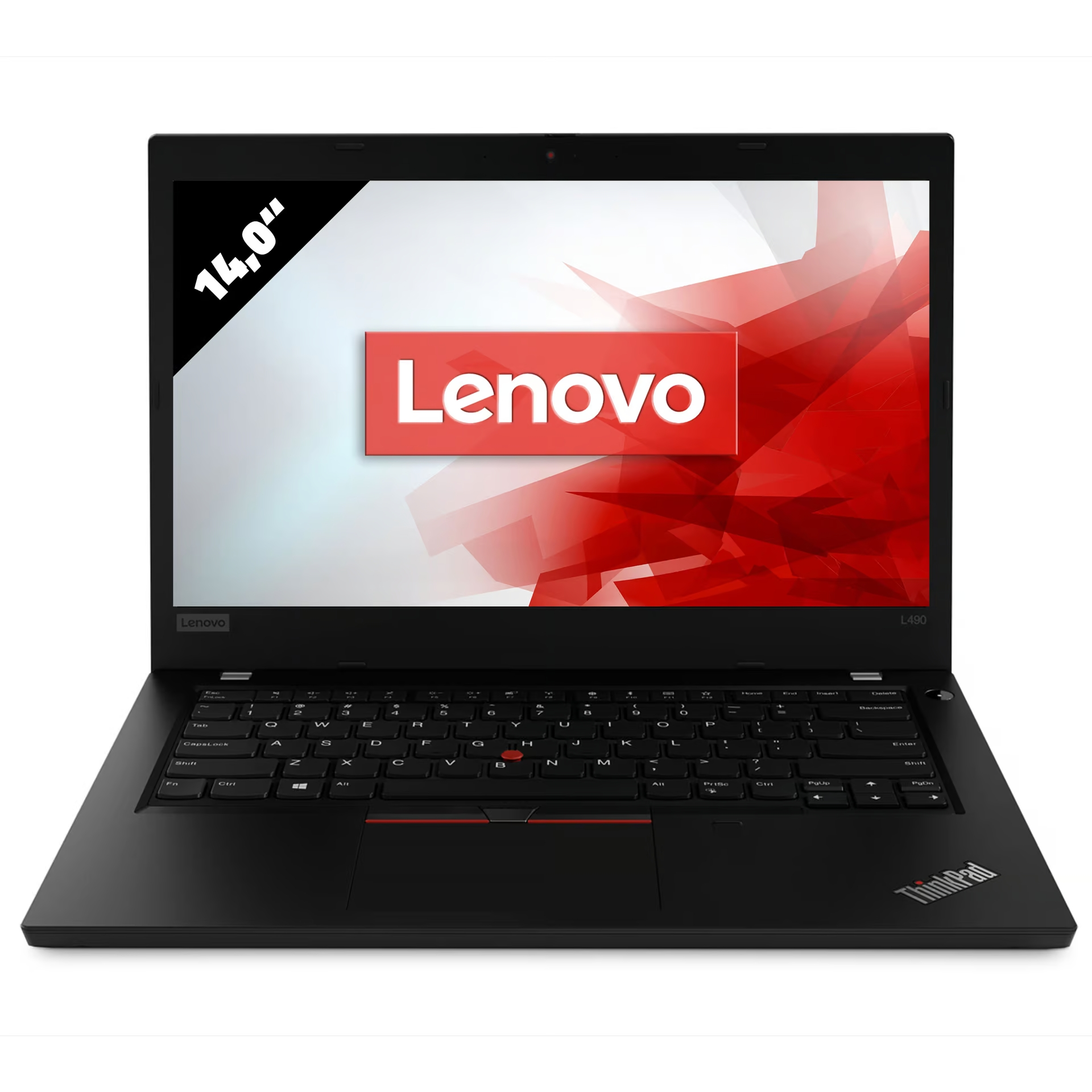 Schwarzer Lenovo Laptop mit 14-Zoll-Bildschirm, Tastatur und rotem Lenovo-Logo.