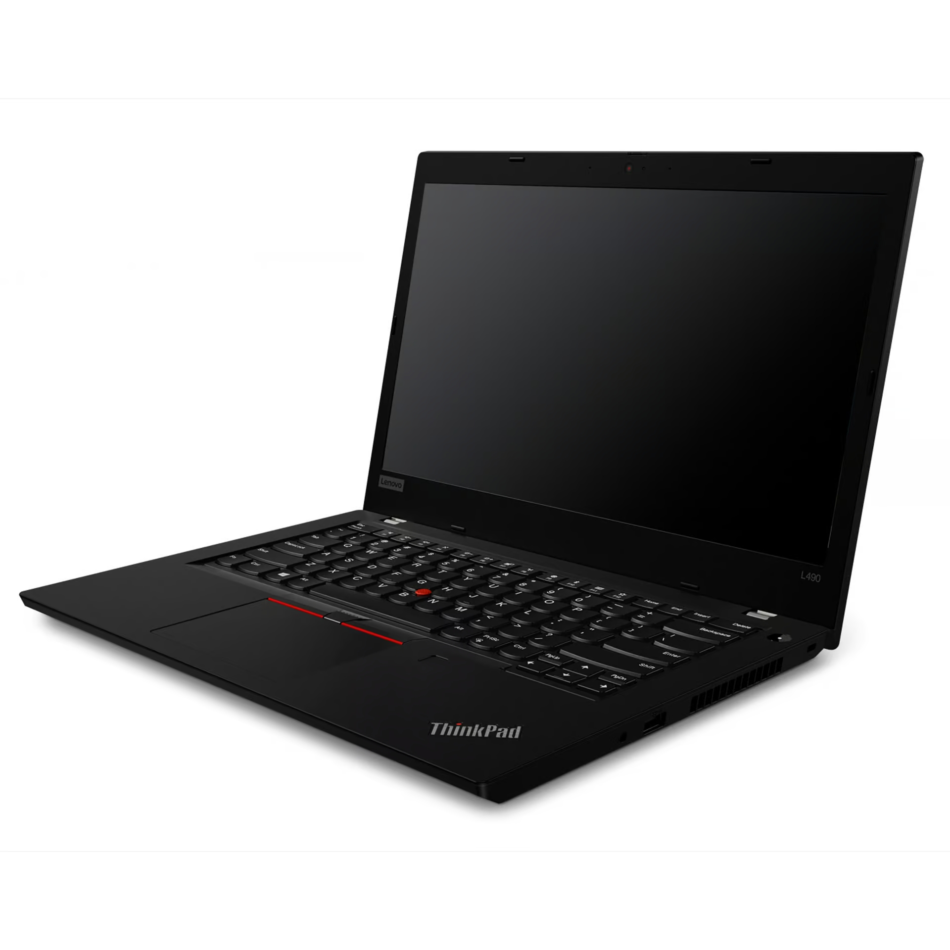 Schwarzer Lenovo ThinkPad L490 Laptop mit Tastatur und Touchpad.