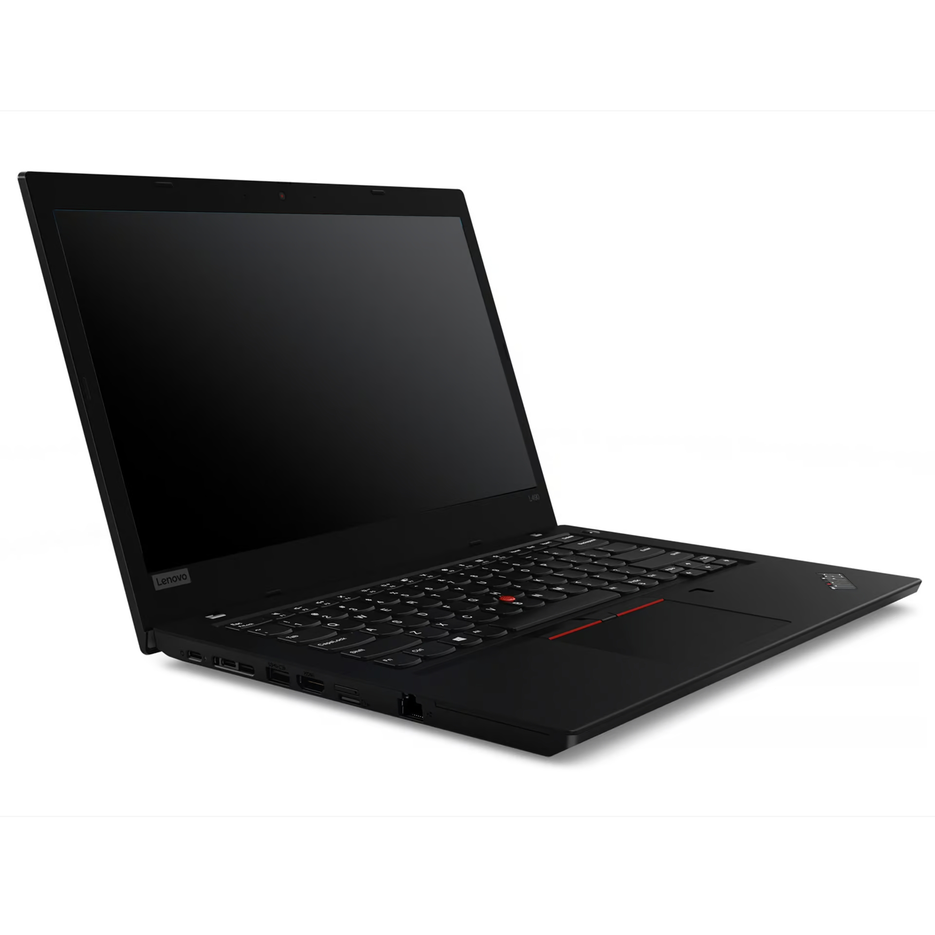 Ein schwarzer Lenovo Laptop mit Tastatur und Bildschirm auf weißem Hintergrund.