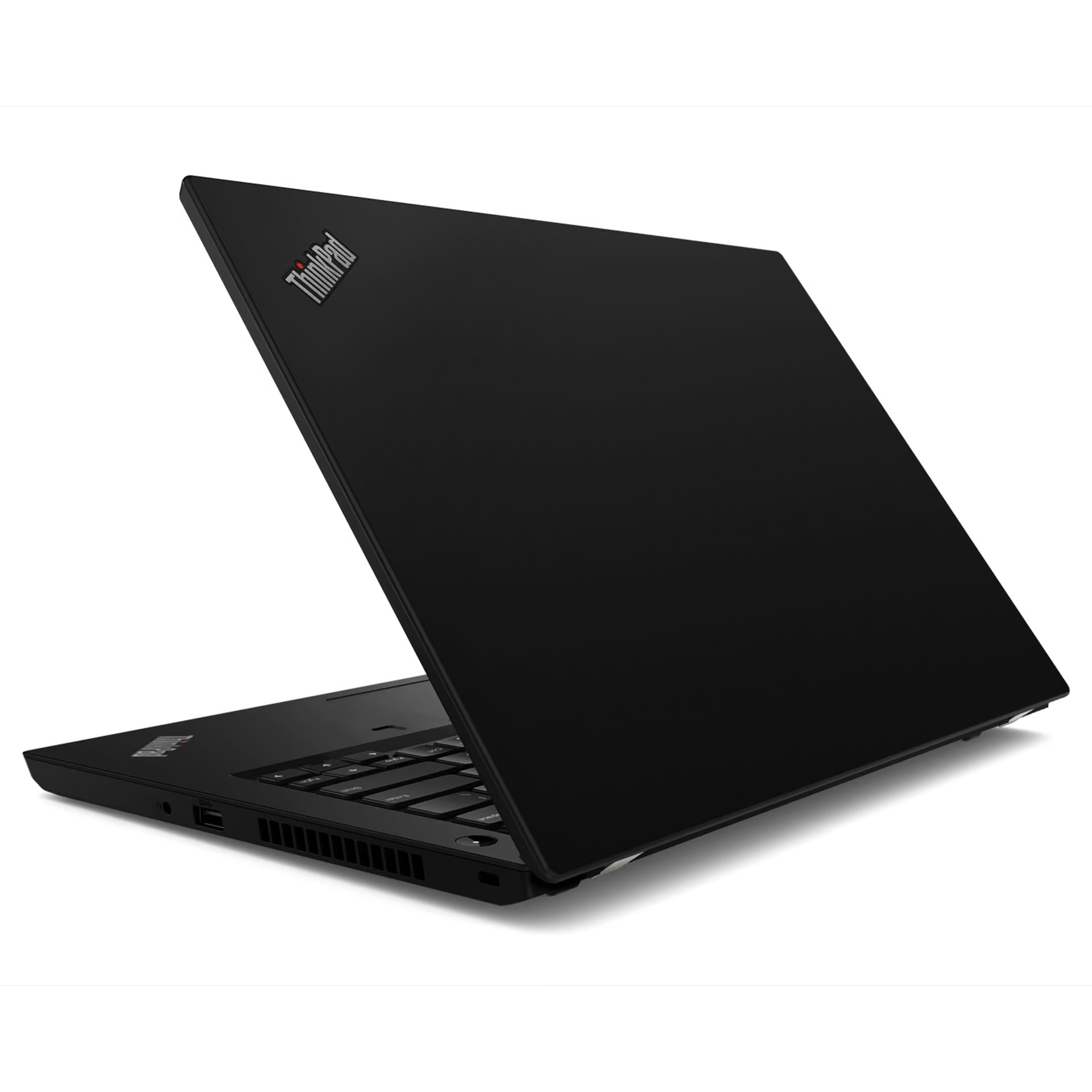Schwarzer Lenovo ThinkPad Laptop mit geöffnetem Deckel, zeigt Tastatur und Anschlüsse.