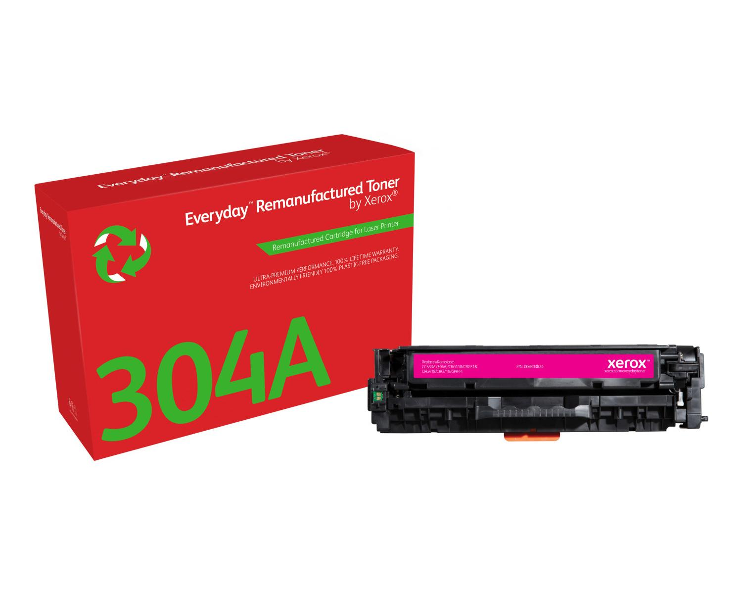 Caja roja con "304A" en verde. Un cartucho de tóner magenta al lado.