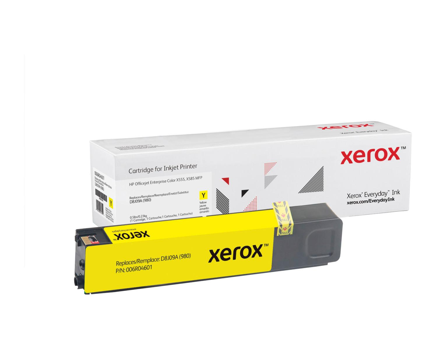 Una cartuccia Xerox gialla con imballaggio per stampanti HP Officejet Enterprise.