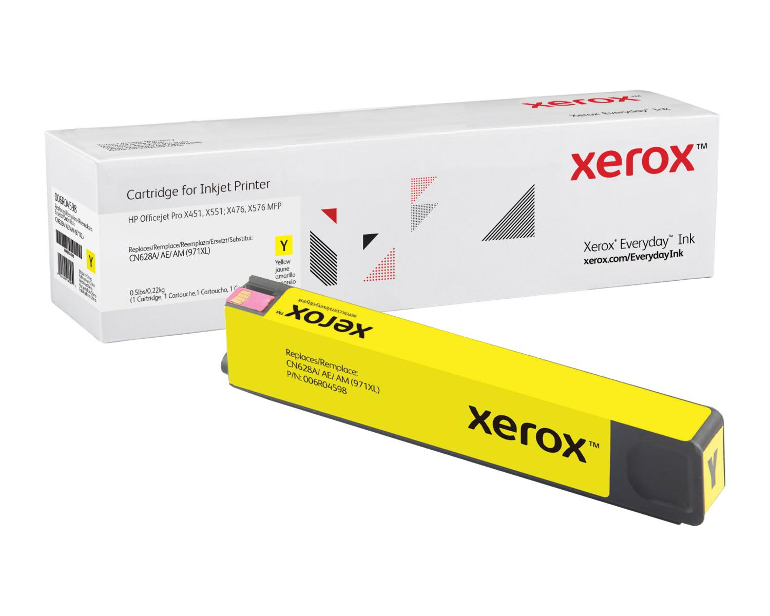 Una cartuccia d'inchiostro Xerox gialla davanti a una scatola bianca per cartucce.