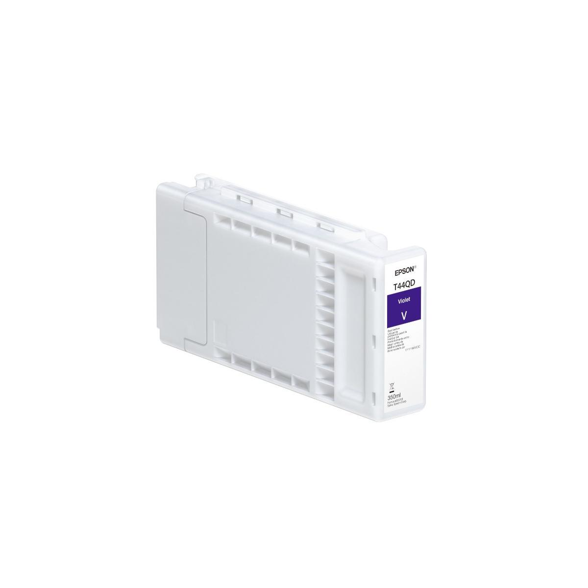 Een witte inktcartridge met het etiket 'Epson T44QD Violet V'.