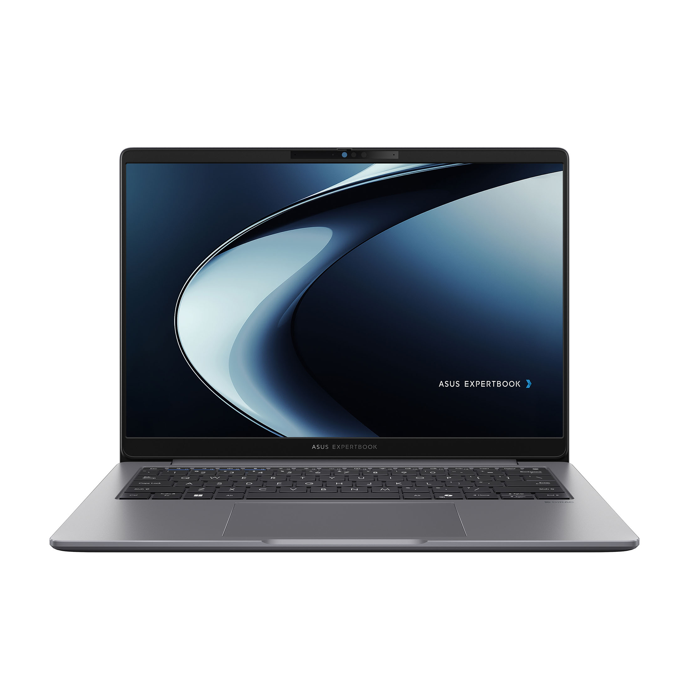 Ein geschlossener grauer Laptop mit einem blauen, abstrakten Hintergrundbild auf dem Bildschirm.