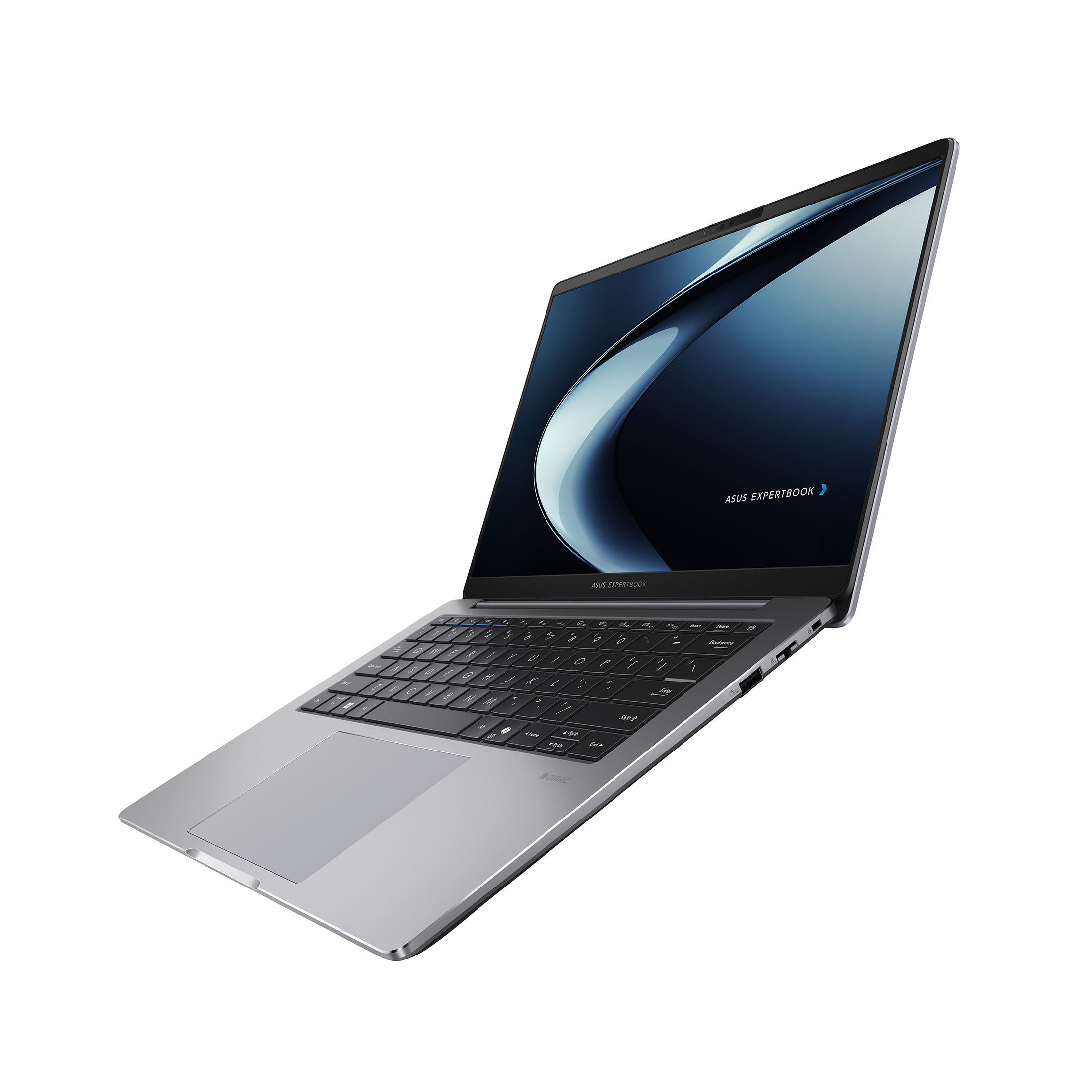 Ein silberner Laptop mit geöffnetem Bildschirm und Tastatur auf weißem Hintergrund.