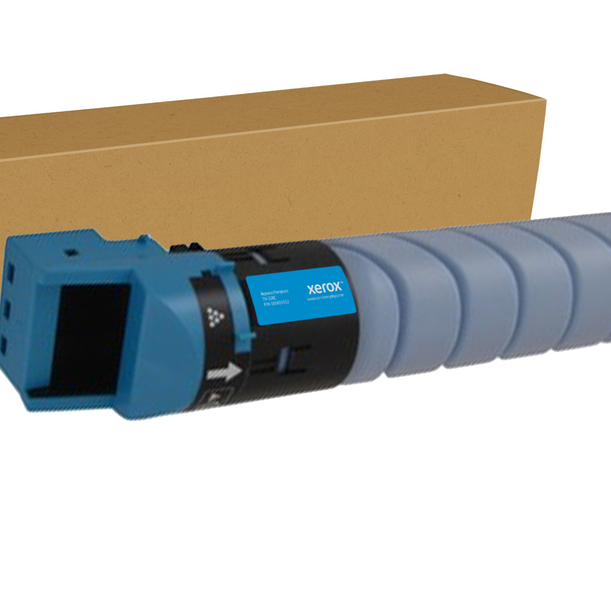 Een blauwe Xerox toner cartridge met een bruine doos erachter. Focus op de cartridge.